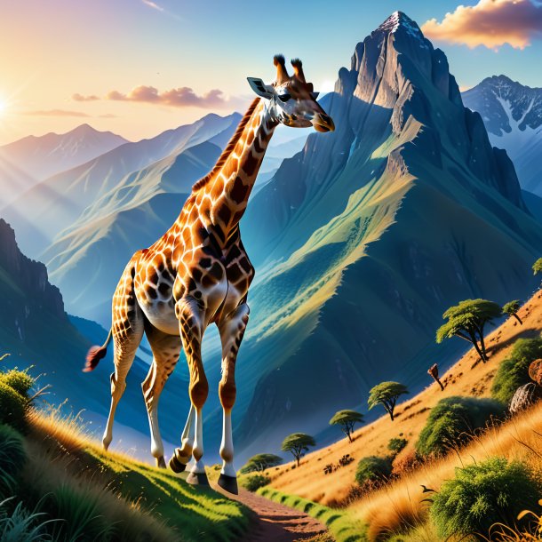 Image of a jumping of a giraffe in the mountains