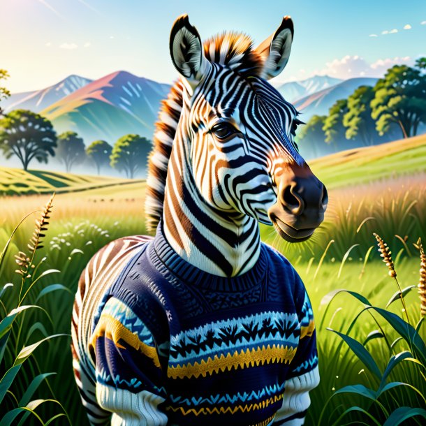 Illustration of a zebra in a sweater in the meadow