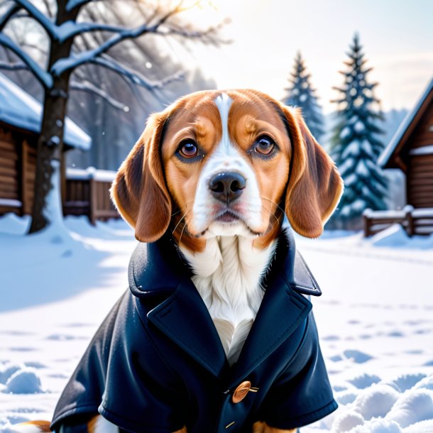 Pic of a beagle in a coat in the snow