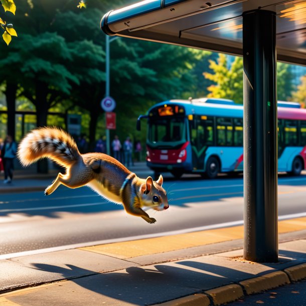 Foto de uma natação de um esquilo voador no ponto de ônibus