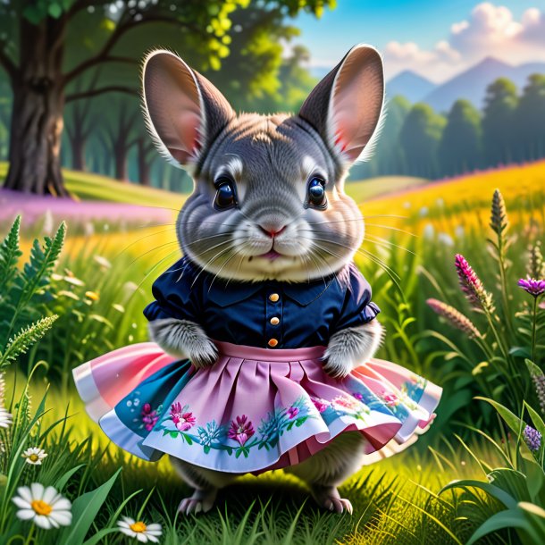 Photo of a chinchillas in a skirt in the meadow