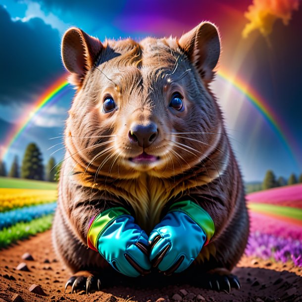 Foto de um wombat em uma luvas no arco-íris