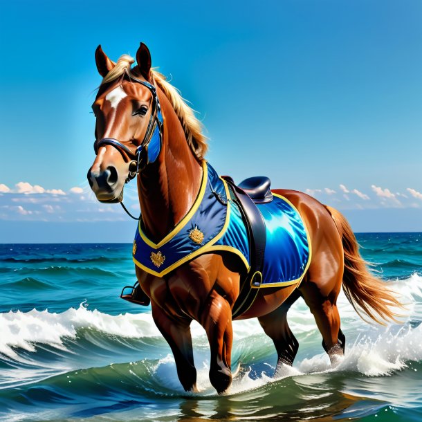 Picture of a horse in a vest in the sea