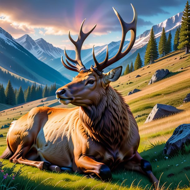 Picture of a sleeping of a elk in the mountains