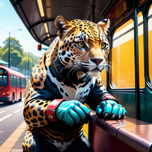 Ilustración de un jaguar en guantes en la parada de autobús