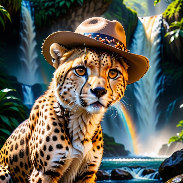 Image of a cheetah in a hat in the waterfall