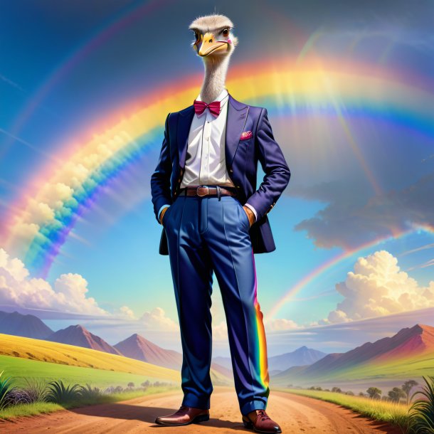 Illustration of a ostrich in a trousers on the rainbow