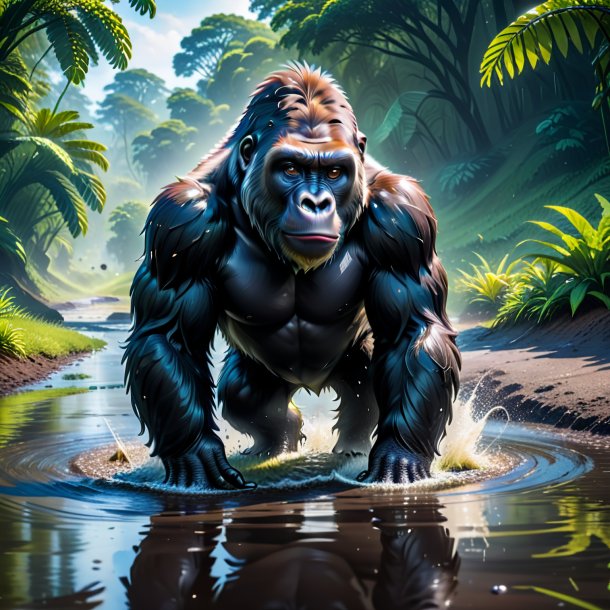 Image of a swimming of a gorilla in the puddle