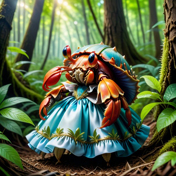 Picture of a hermit crab in a dress in the forest