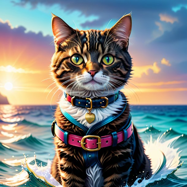 Image of a cat in a belt in the sea