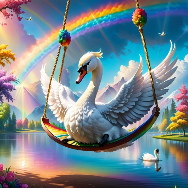 Imagen de un balanceo en un columpio de un cisne en el arco iris