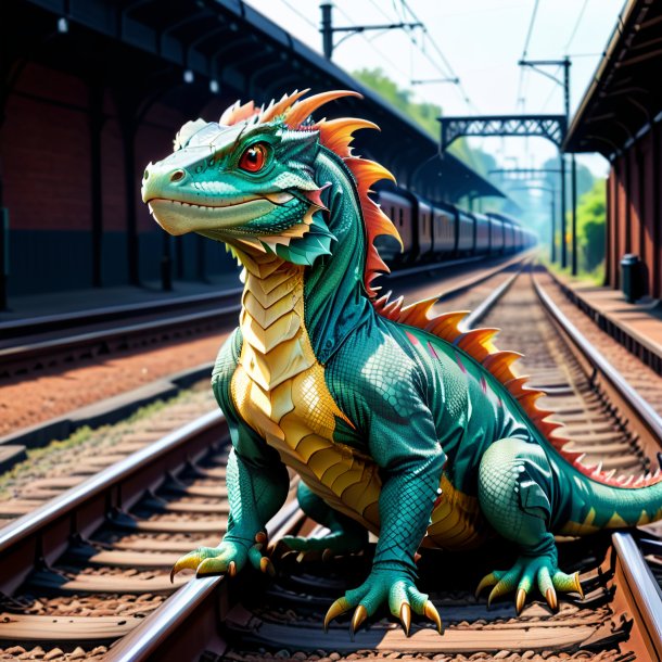 Drawing of a basilisk in a coat on the railway tracks