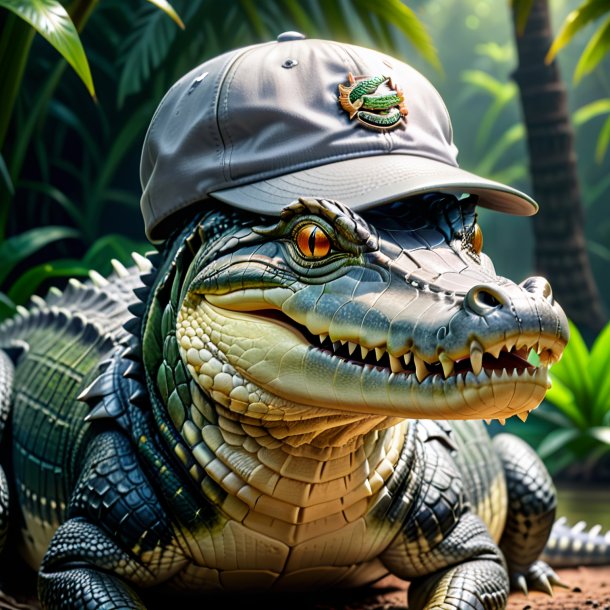 Pic of a crocodile in a gray cap