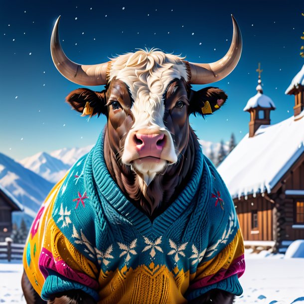 Picture of a bull in a sweater in the snow