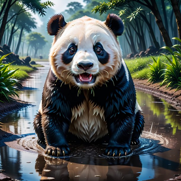 Image of a threatening of a giant panda in the puddle