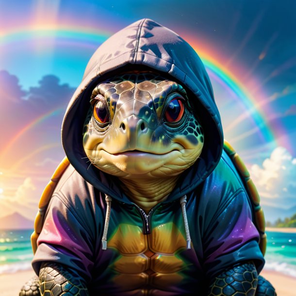 Foto de una tortuga en una sudadera con capucha en el arco iris