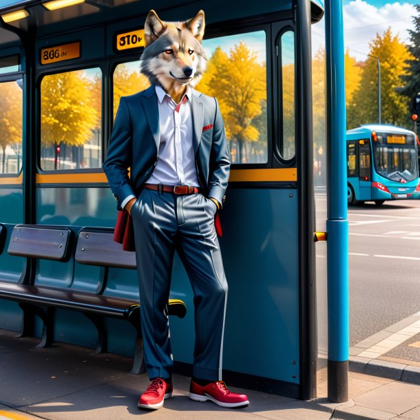 Photo d'un loup dans un pantalon sur l'arrêt de bus