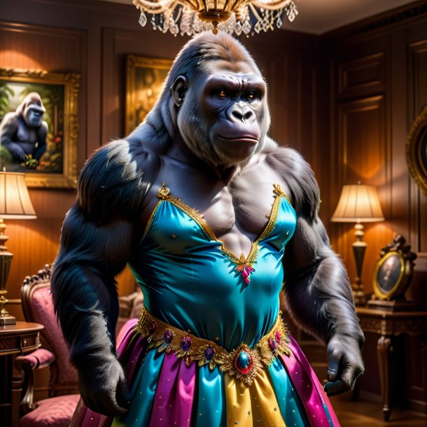 Photo of a gorilla in a dress in the house