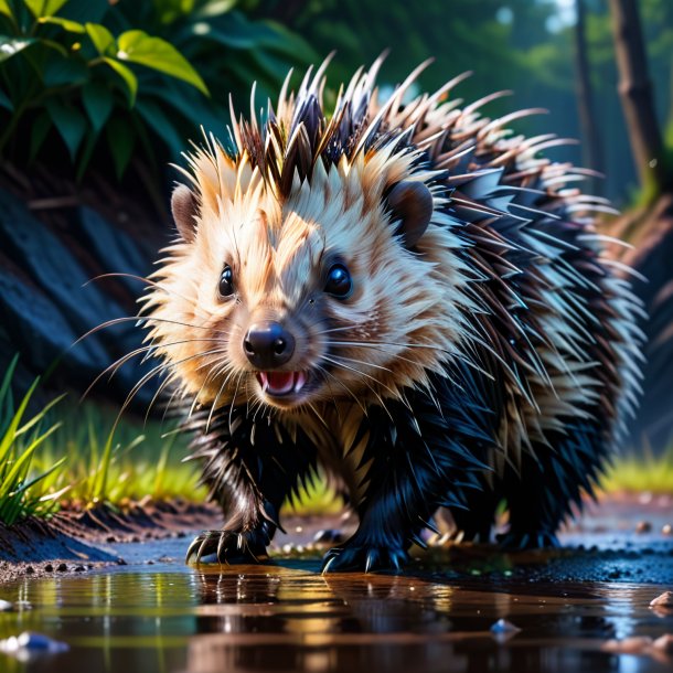 Picture of a threatening of a porcupine in the puddle