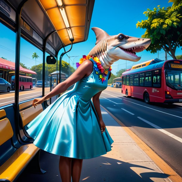 Imagen de un tiburón martillo en un vestido en la parada de autobús