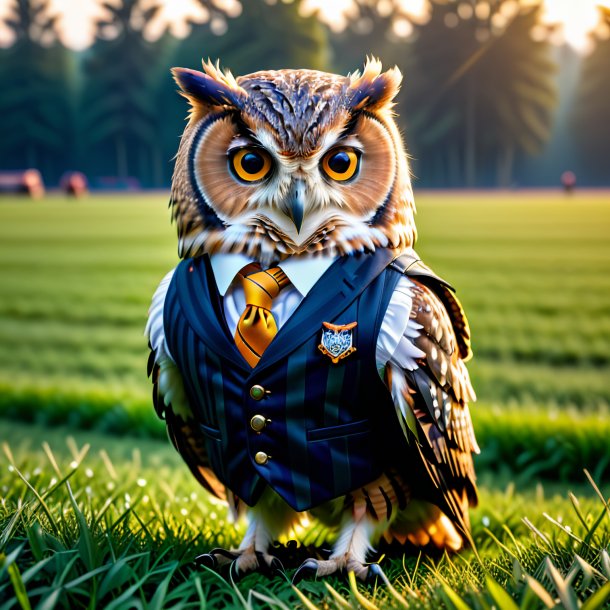 Pic of a owl in a vest on the field