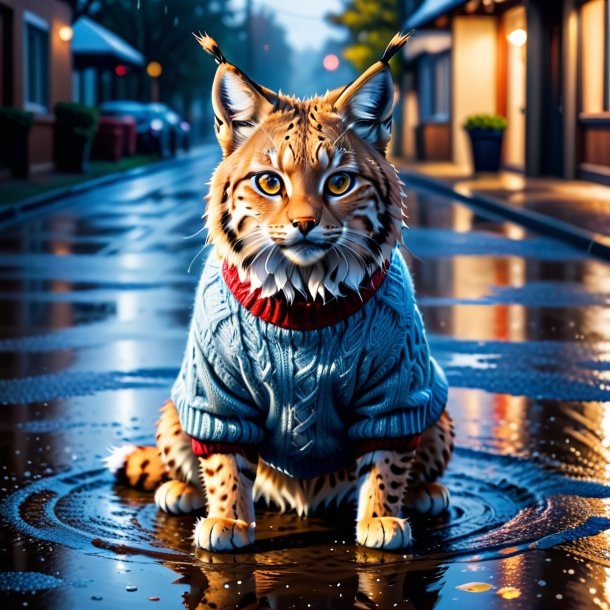 Image of a lynx in a sweater in the puddle