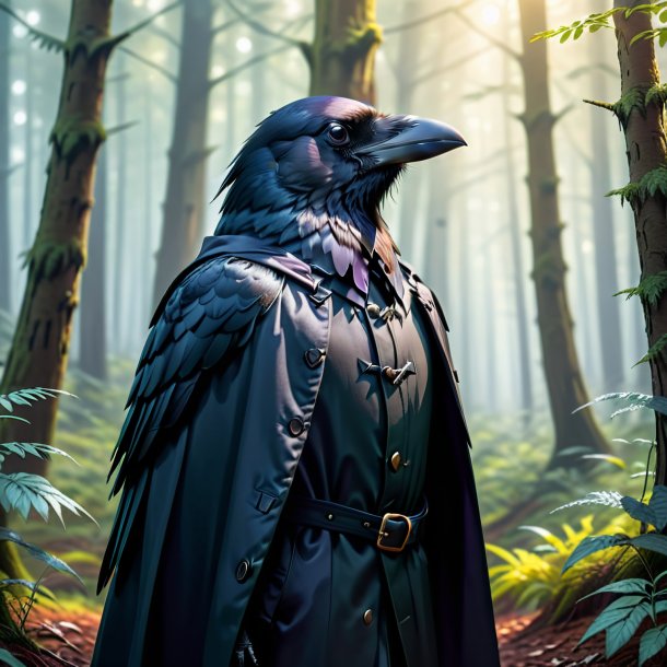 Illustration of a crow in a coat in the forest