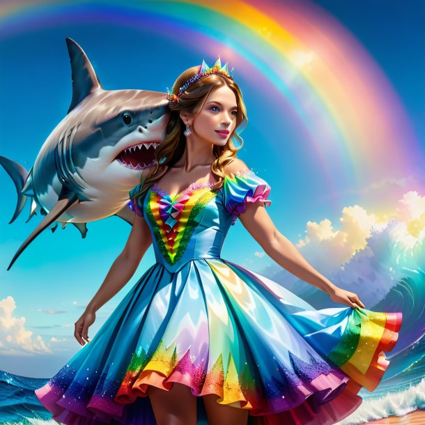 Drawing of a shark in a dress on the rainbow