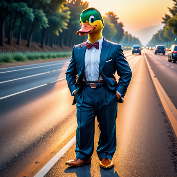 Image of a duck in a trousers on the highway