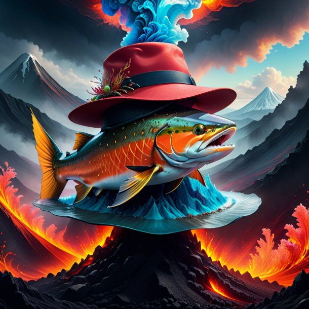 Drawing of a salmon in a hat in the volcano