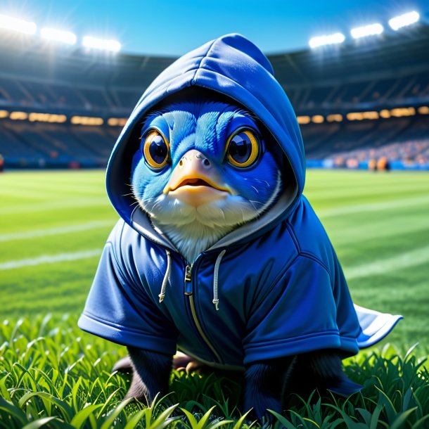 Imagem de um tang azul em um hoodie no campo