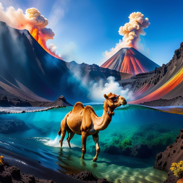 Photo of a swimming of a camel in the volcano