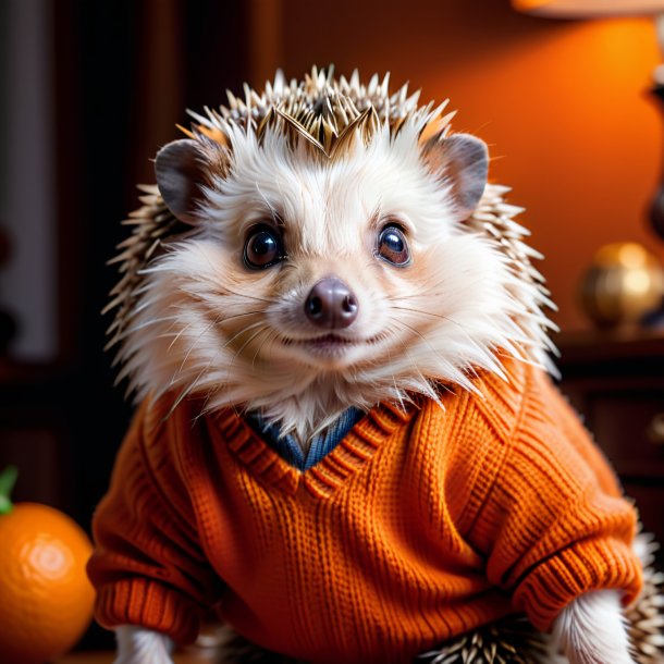 Pic of a hedgehog in a orange sweater