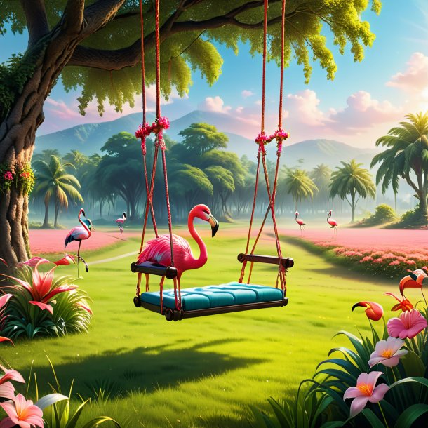 Uma foto de um balanço em um balanço de um flamingo no prado