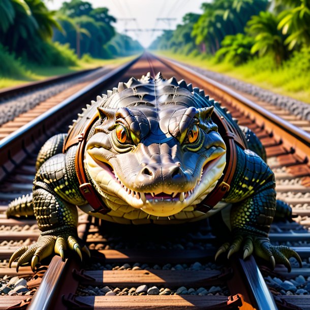 Foto de un cocodrilo en un cinturón en las vías del ferrocarril