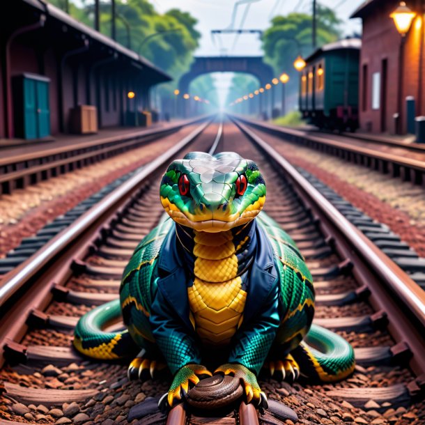 Foto de la serpiente en el abrigo sobre las vías del tren