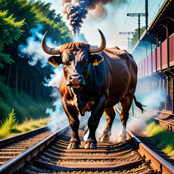 Photo of a smoking of a bull on the railway tracks