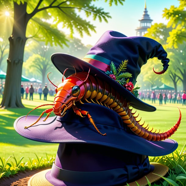 Illustration of a centipede in a hat in the park