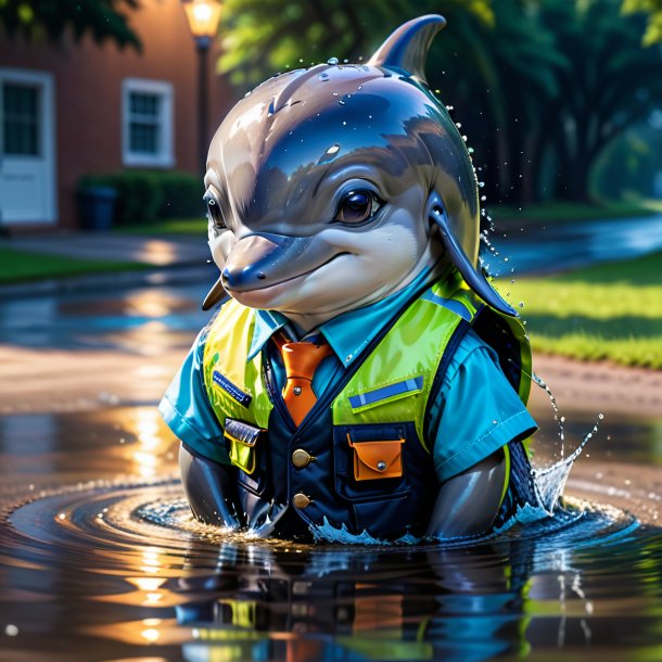 Picture of a dolphin in a vest in the puddle