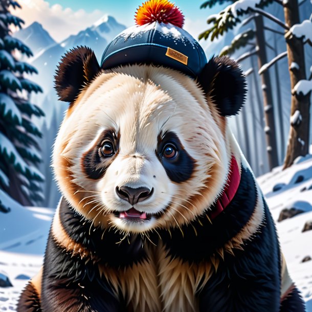 Photo of a giant panda in a cap in the snow