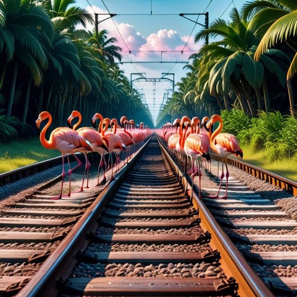 Imagem de uma natação de um flamingo nos trilhos ferroviários