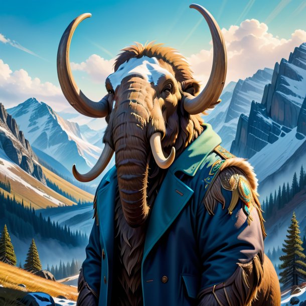 Drawing of a mammoth in a coat in the mountains