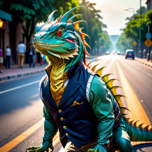 Photo d'un basilic dans un gilet sur la route