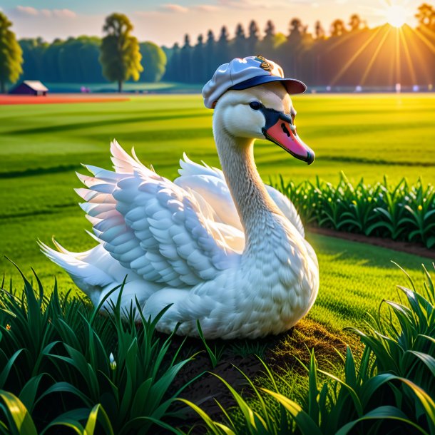 Pic of a swan in a cap on the field