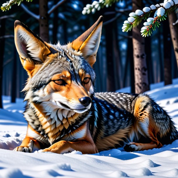 Photo of a sleeping of a jackal in the snow