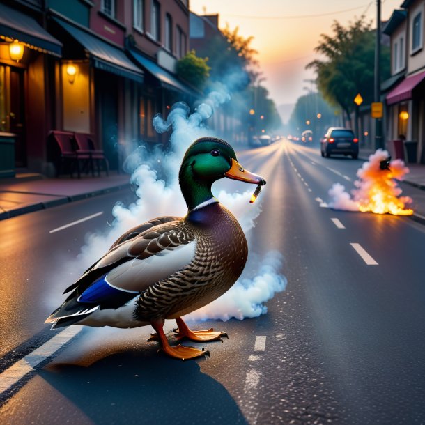 Image of a smoking of a duck on the road