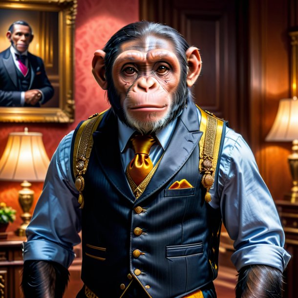 Photo of a chimpanzee in a vest in the house