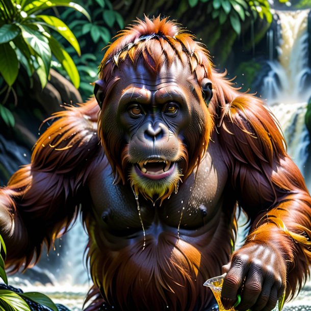 Foto de un trago de un orangután en la cascada