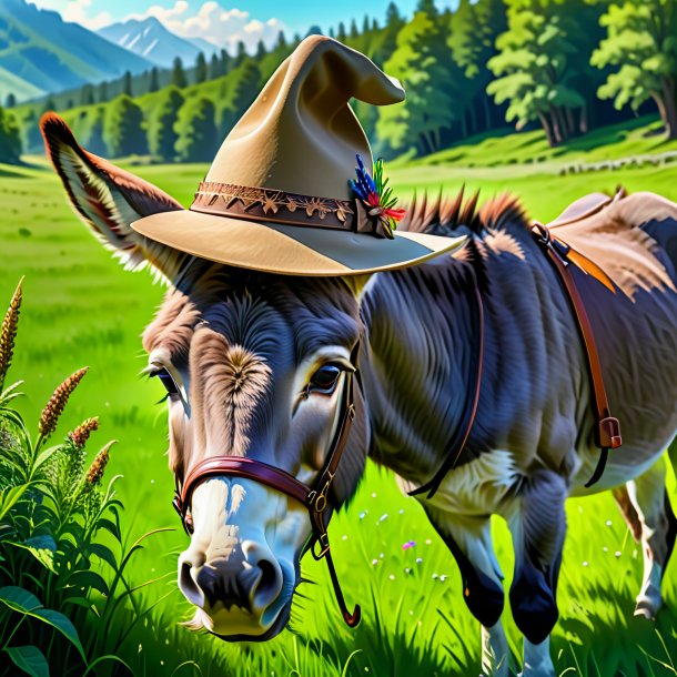 Drawing of a donkey in a hat in the meadow