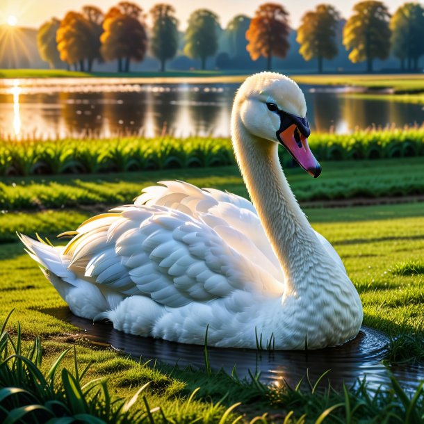 Photo of a drinking of a swan on the field